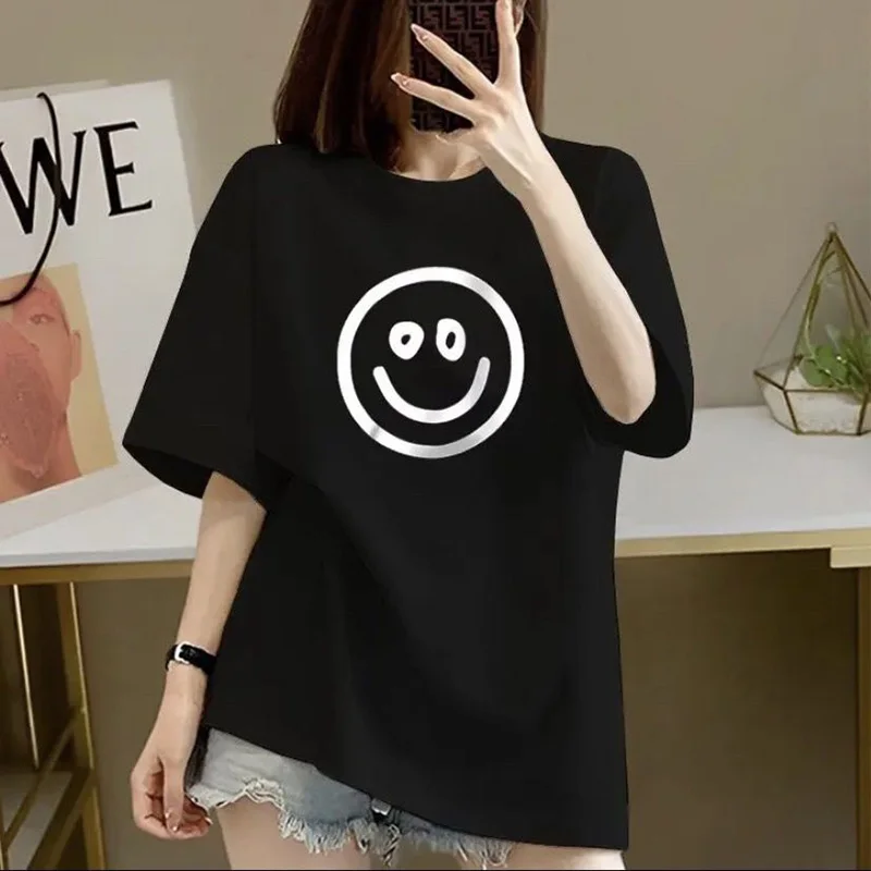 Women Casual Loose O-neck Short Sleeve T-shirt Summer Fashion Smiling Face Graphic Basic Top Tee Pure Cotton Chic Y2k Pullovers