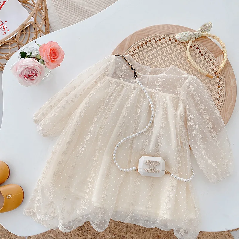 Princess Dress 0-5Years Kids Baby Girl Long Sleeve Mesh Lace Dresses Embroidery One-Pieces Birthday Party Outfits Spring Clothes