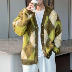 Autumn Winter Men Sweater Coats V-Neck Button Pineapple Check Contrast Color Fashion Lazy Wind Long Sleeve Cardigan Knitted Tops