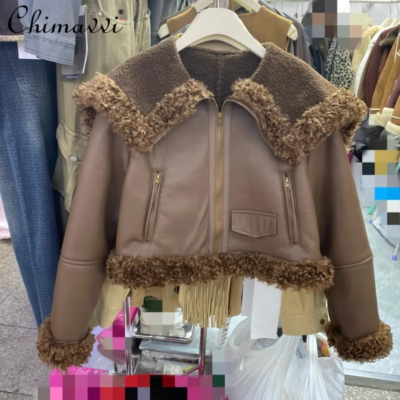 

2024 Winter New Fashion Short Loose Hooded Lapel Lamb Fur Integrated Jacket For Women