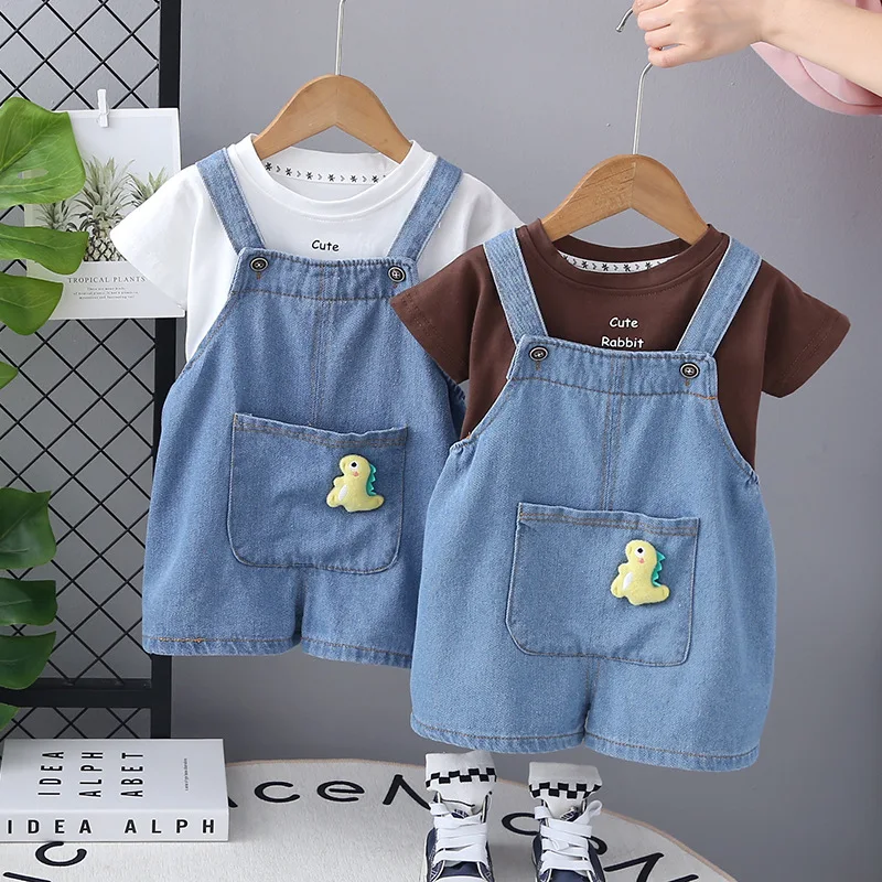 

Summer Children's Vacation Style Clothes 1-5Y Boys' T-shirt Overalls 2pcs Girls' Big Pocket Dinosaur Jumpsuit Suit Kids Set 2PCS