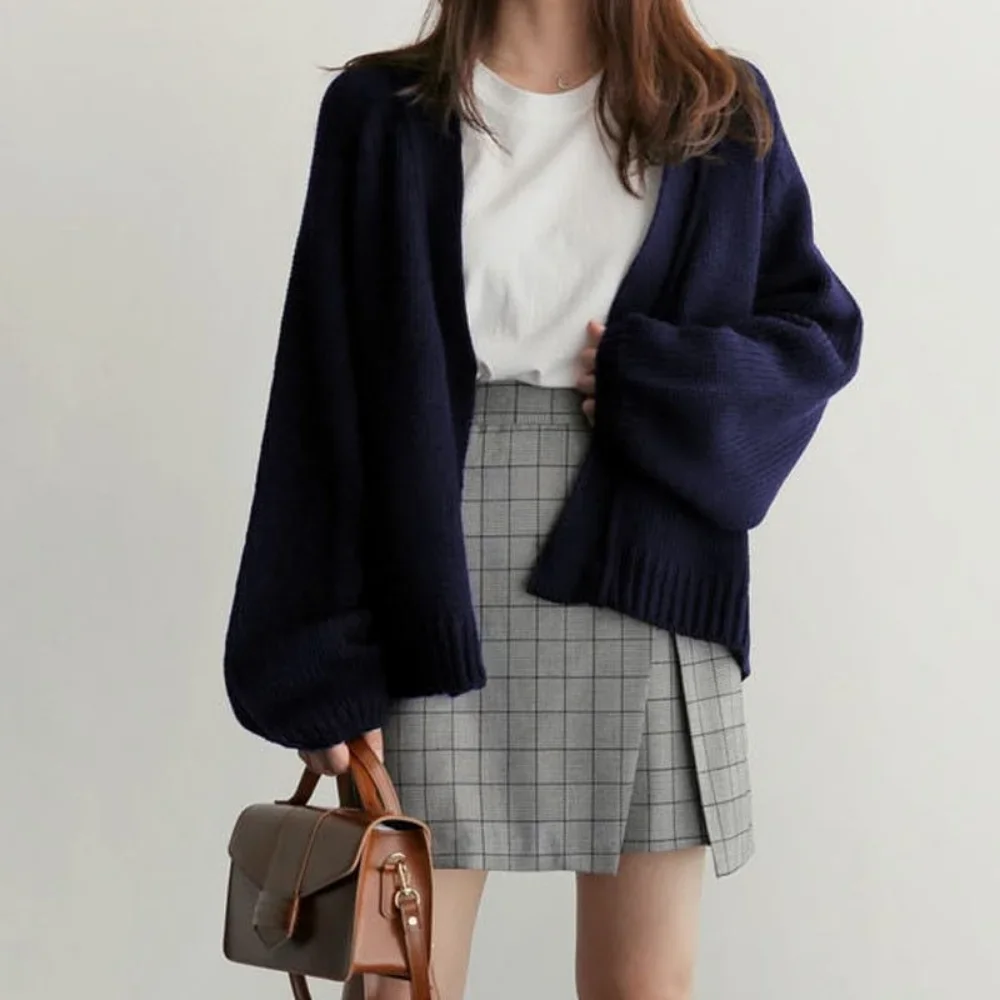 

Autumn 2025Korea Style Lazy Loose Short Knitted Cardigan Woomen Sweater Coat Long Sleeve Tops