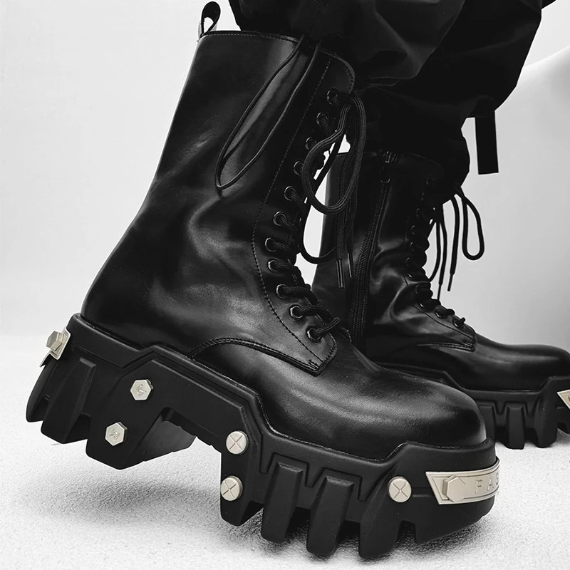 

Мужские роскошные модные ботинки в стиле панк, высокие мотоциклетные ботинки на шнуровке, оригинальные кожаные туфли, ковбойские ботинки на платформе, дизайнерские длинные ботинки для мужчин