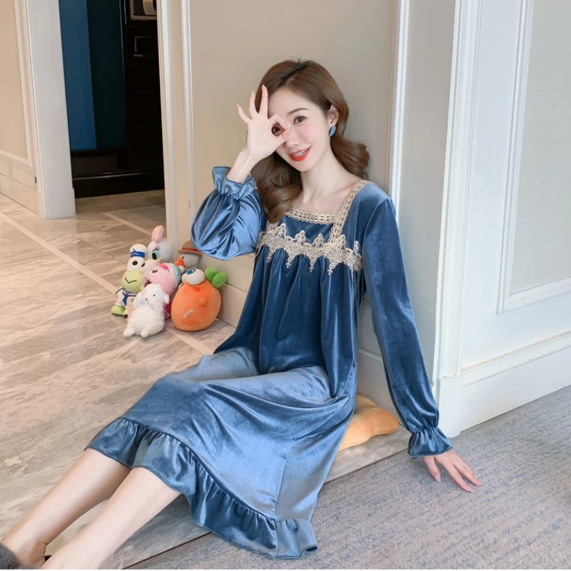 Elegant Sleepshirts Women Square Collar Knee-length Casual Loose Sleepwear Lace Edge Comfortable Autumn Bedroom Ladies Outwear