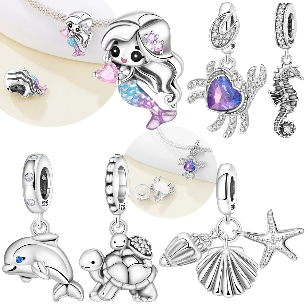

Original 925 Silver Love Heart Crab Pendant Sea Star Turtle Dolphin Charms Beads Fit Bracelet Women Jewelry Diy Valentine Gift