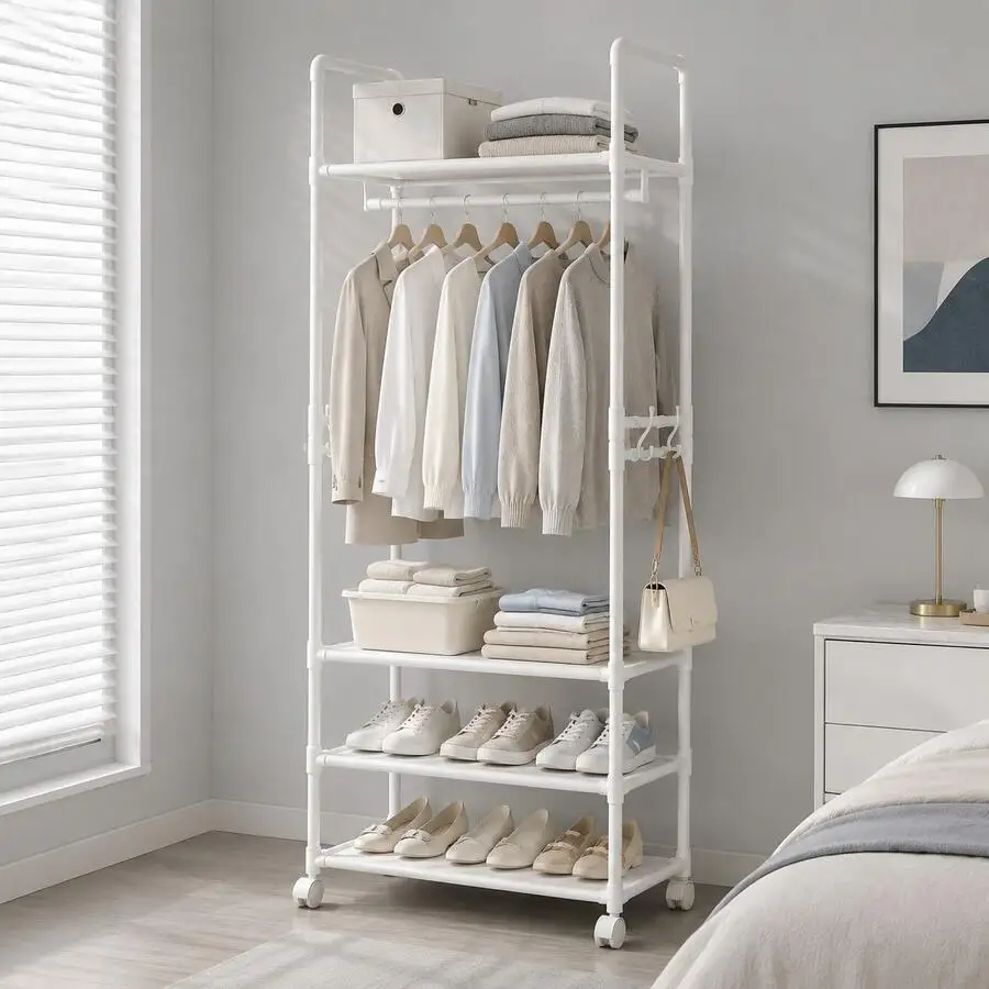 Black/White Rolling Clothes Rack With Wheels, Stylish & Easy-To-Assemble Multi-Tier Garment Rack With Shelves, Hanging Rod & Sid