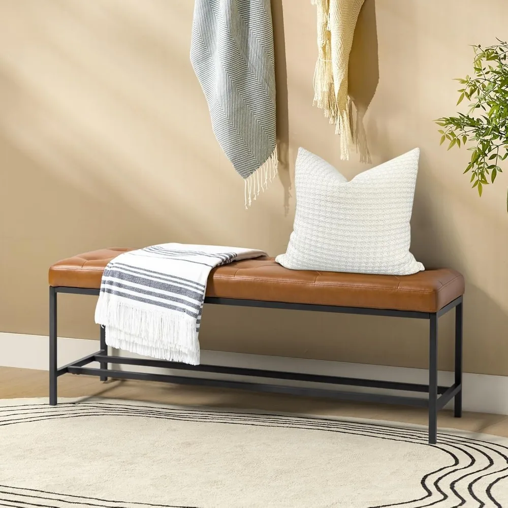 

Faux Leather Ottoman Bench with Storage Shelf & Metal Legs, Modern Upholstered Bedroom Bench for End of Bed, Button-Tufted Dini