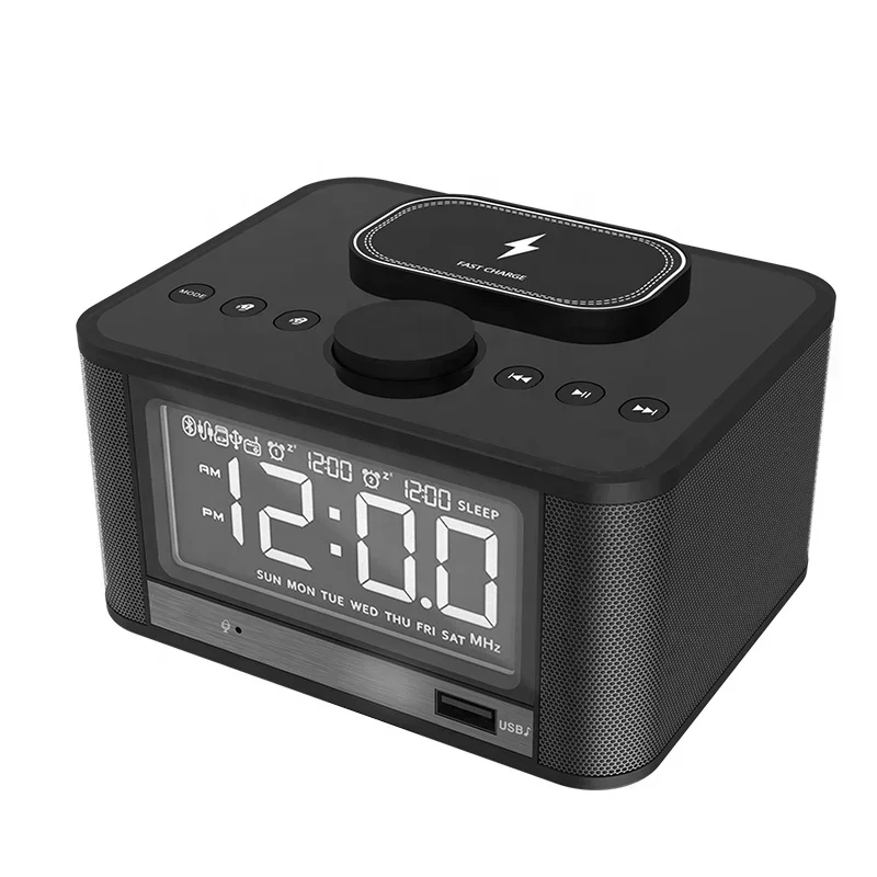 2024 new arrival FM Radio digital Alarm Clock with wireless Charger modern style BT music speaker desktop table clock