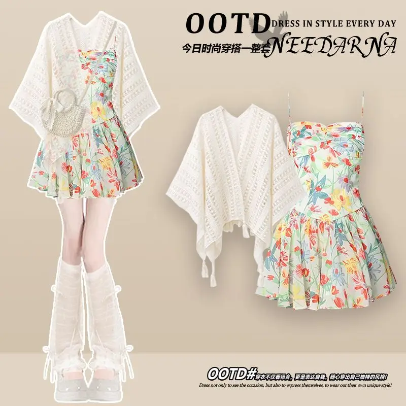 

Summer Dopamine Women's Outfit Bohemian National Style Shawl Suspender Print Dress Two-piece Set Beautiful Girl