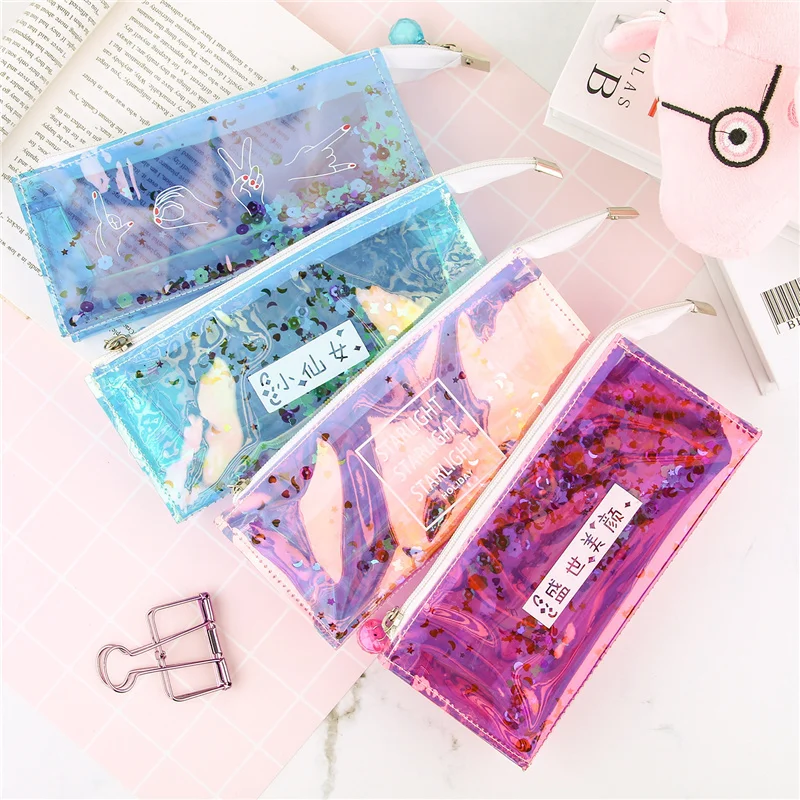 Laser quicksand colorful PVC pencil bag girl cute pencil case school supplies storage bag student large capacity stationery bag
