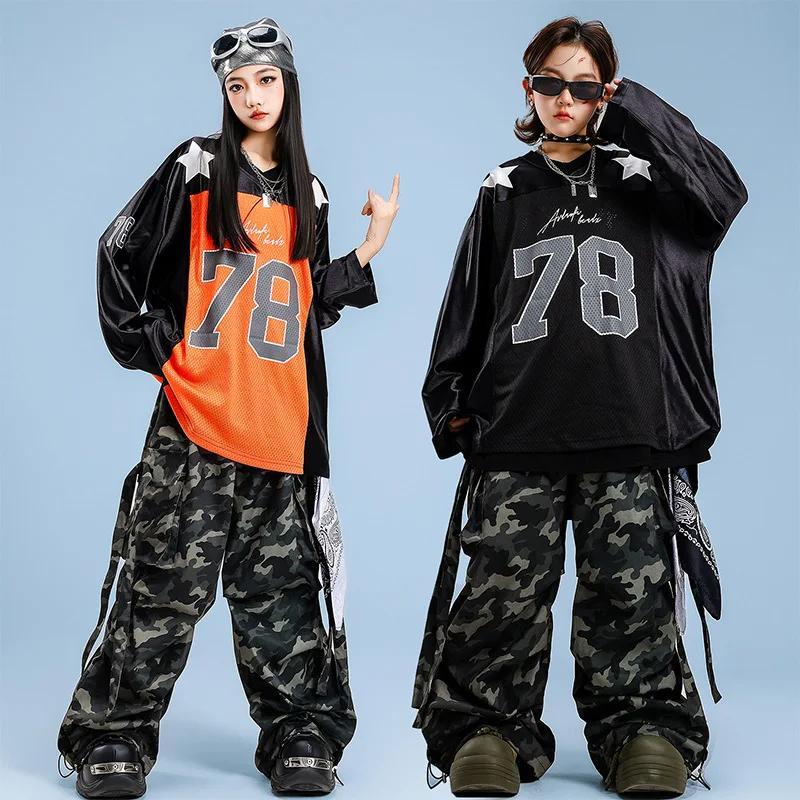 

Girls Street Dance Jazz Performance Costume Boys Hip Hop Long Sleeve Top Camouflage Pants Fashion Streetwear Suit Stage Clothes