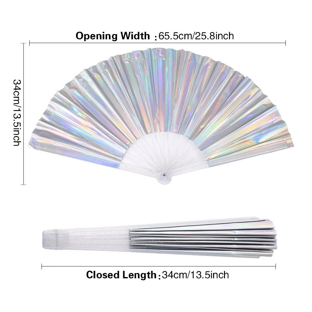 Fashion Holographic Effect Folding Fan Large Size Party Decoration Handheld Fan Stage Props Iridescent Finish Cooling Fan Summer