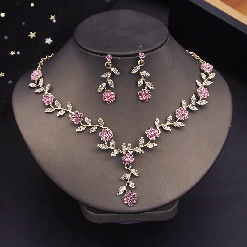 Luxury Rhinestone Bride Jewelry Sets for Women Flower Choker Necklace Earrings Wedding Dress Bridal Necklace Sets Fashion