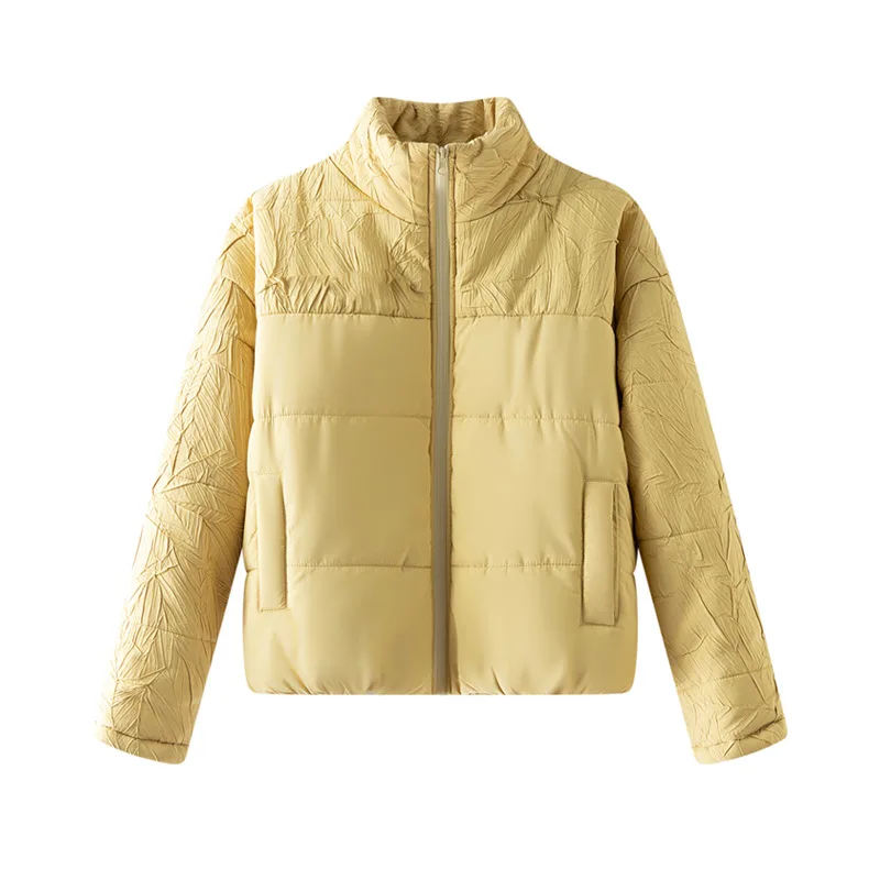 

Miyake зимняя однотонная хлопковая одежда, женское свободное короткое пальто с воротником-стойкой и длинными рукавами на молнии, универсальное тонкое толстое пальто, топ