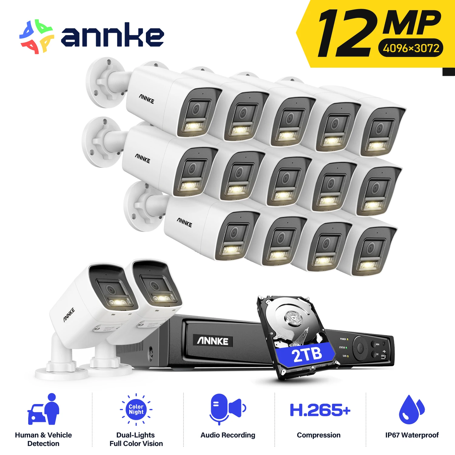 

ANNKE 12MP Dual Light Camera Kits Security 16CH NVR POE Camera Outdoor CCTV Video Surveillance Audio Recording Surveillance
