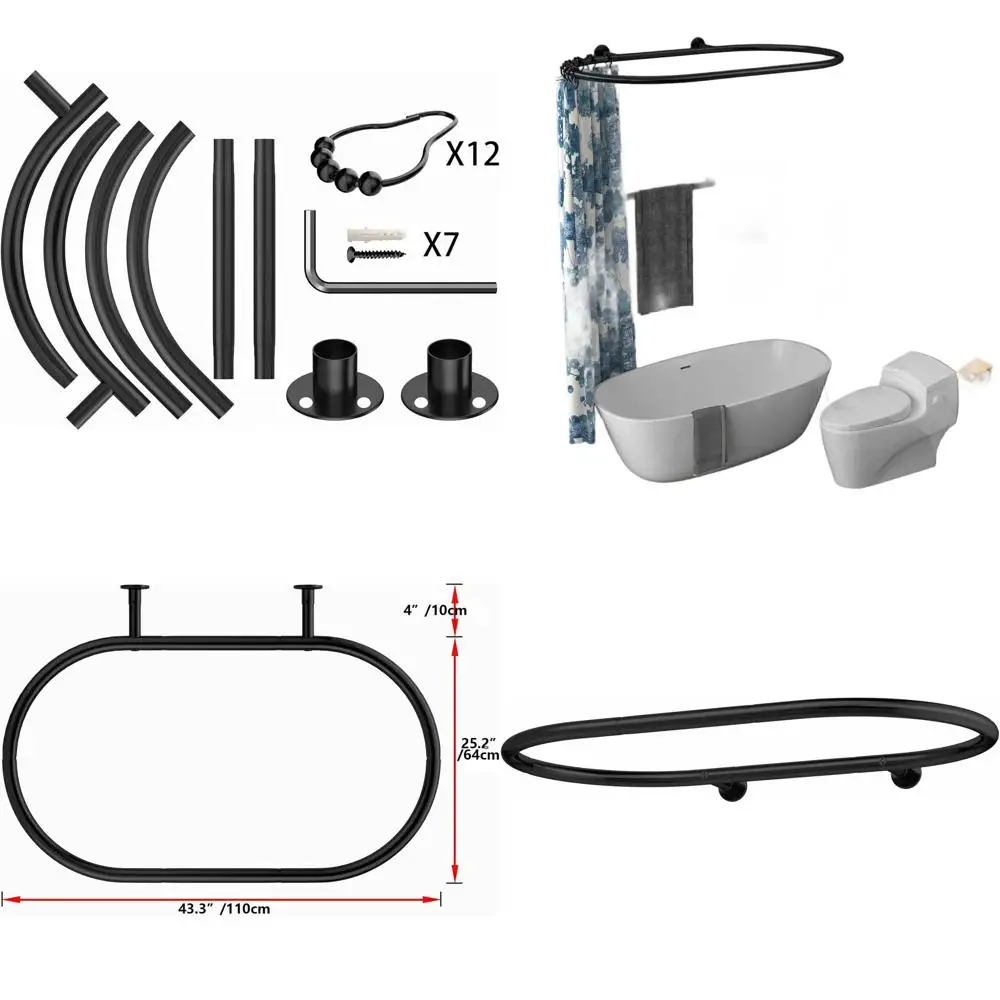 

Черный овальный карниз для душевой занавески с квадратным кольцом для ванной комнаты и ванн на ножках