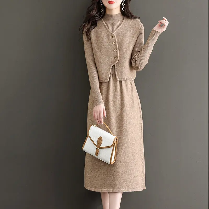 

2023 Spring And Autumn Women's Knitted Dress Vest Two Piece Suit Bottom Sweater Temperament Long Sleeve Slim Set Outfits Z183