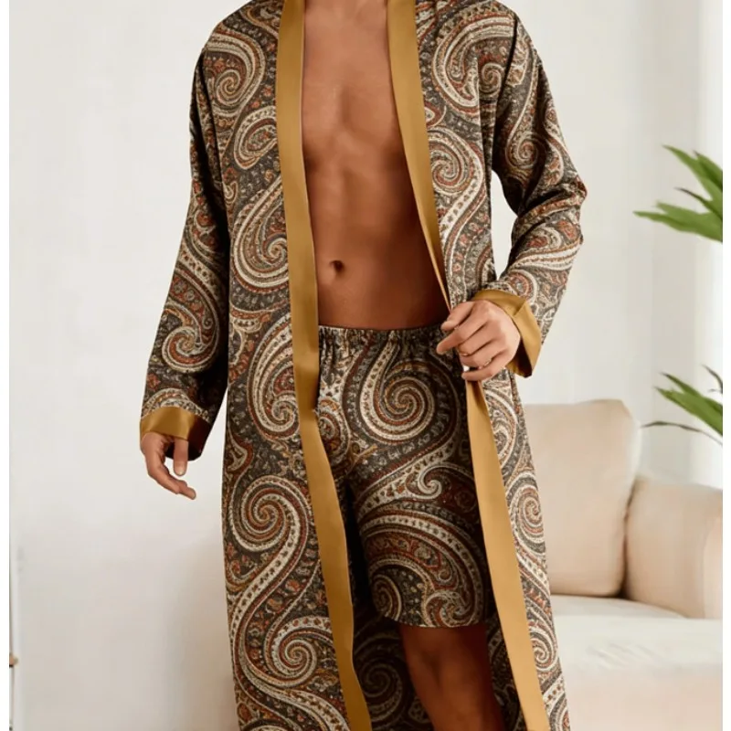 2pcs Vintage Diamond Men's Nightgown Set Spring Autumn Loose Bathrobe Shorts Pyjama Home Loungewear