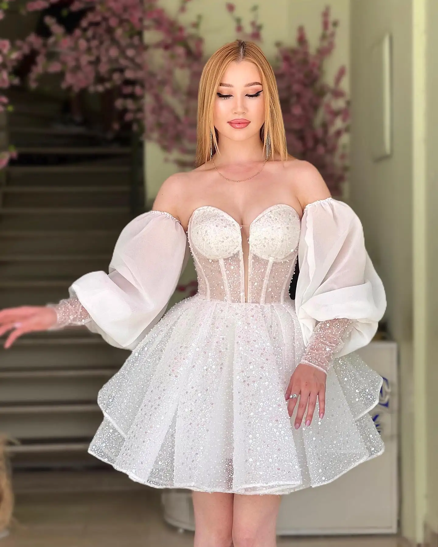 Booma-Mini vestidos de novia con lentejuelas para mujer, vestidos de baile con mangas abullonadas, vestidos cortos de fiesta de boda para mujer, vestidos de cóctel 2023