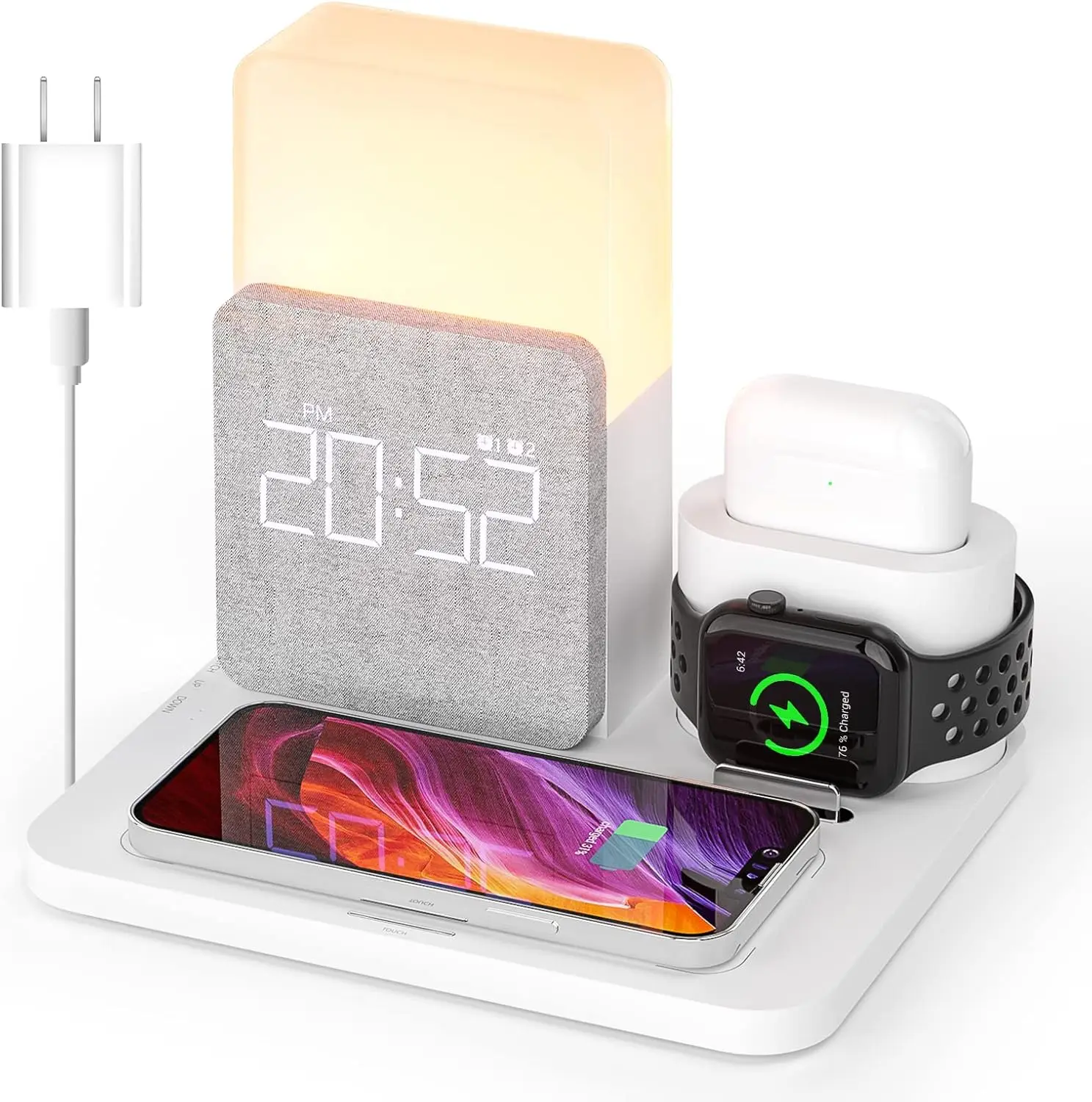 

7-in-1 Wireless Charging Station with Alarm Clock & Night Light for iPhone 12-17 Pro, AirPods