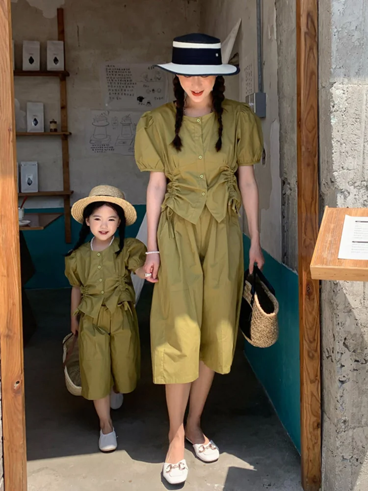 

Parent-child Dress Summer and Korean Casual Mother and Daughter Drawstring Suit Girls Pure Heart Grass Green Two-piece Set