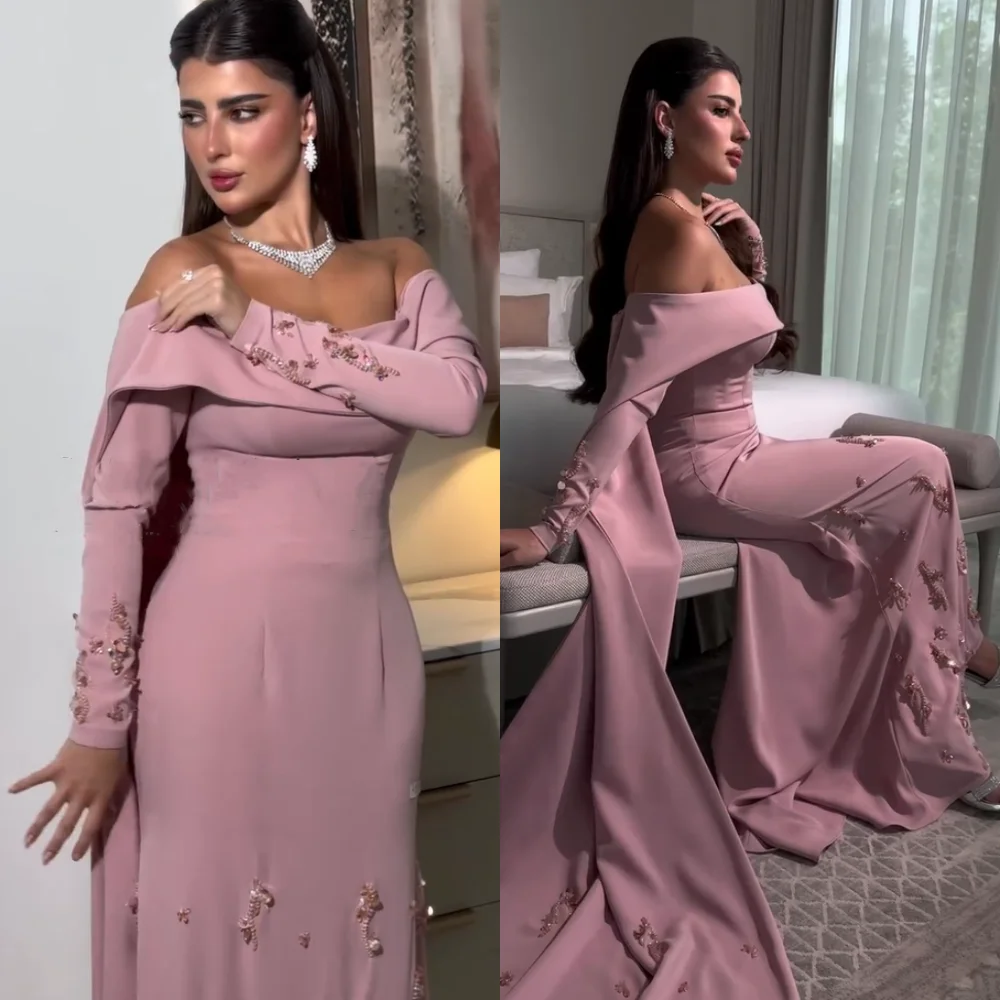 Customized Modern Style Jersey Applique Pleat Mermaid Off-the-shoulder Long Dresses Bespoke Occasion Exquisite Chinese Style