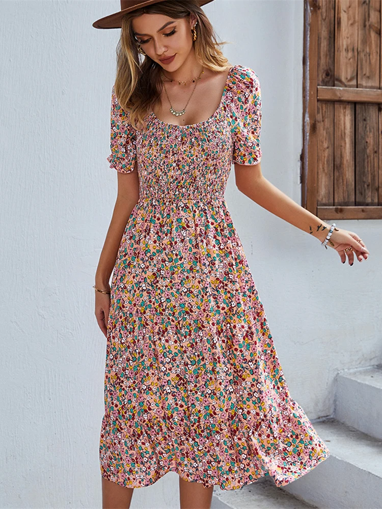 Damska seksowna Vintage kwiatowy Print Boho letnia sukienka damska dorywczo elastyczna artystyczna sukienka plażowa damska Sundress szata Vestidos