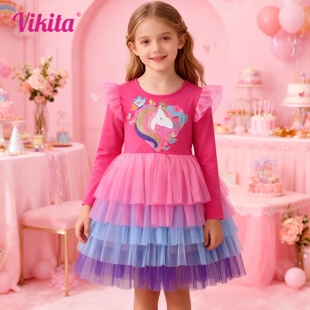 

VIKITA Girls Licorne Print Dress Kids Layered Mesh Tulle Cake Tutu Princess Dresses Kids Birthday Party Long Sleeve Autumn Dress