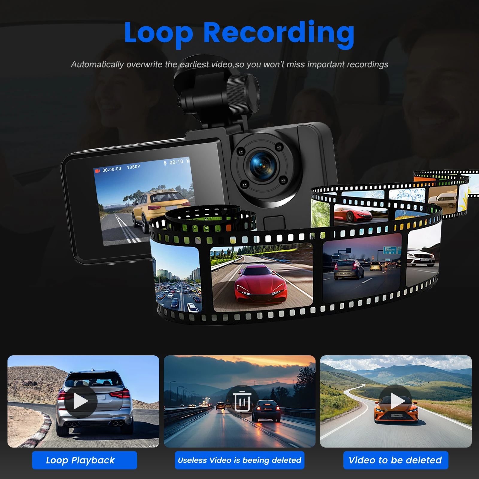Podofo 2inch 1080P Car Recorder with 3 Lens HD with 480P Built-in & Rear + Motion Detection Loop Recording Car DVR Front Rear View Camera Night Vision Car Accessories