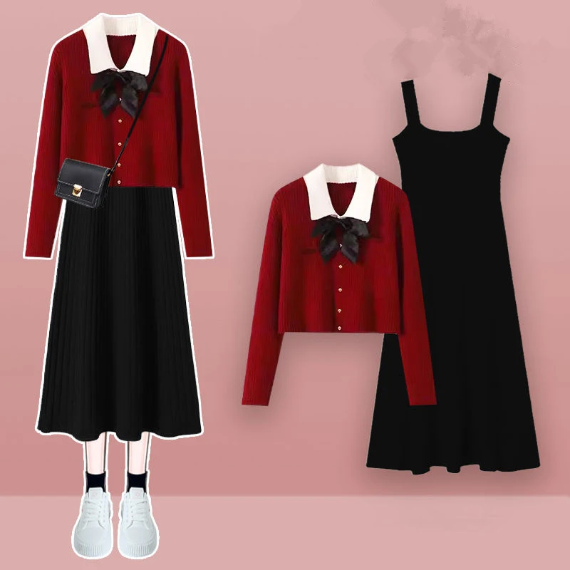 Preppy Style Lucky Red Knit Short Bowknot Jackets Black Trumpet Vest Dress 1 lub 2-częściowy zestaw Wiosna Jesień Sweter Sukienki Garnitury