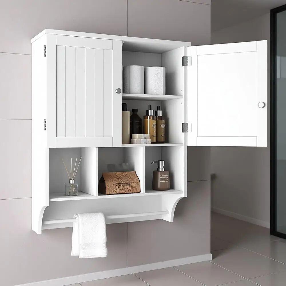 

Over-the-Toilet Storage Cabinet with Towel Bar, 2-Door, Adjustable Shelves, White