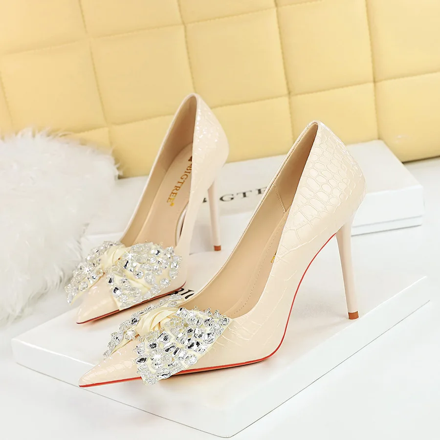 Korean Fashion Banquet Slim Ultra High Heels Shallow Mouth Pointed Rhinestone Bow Tie Single Shoes For Women Pumps туфли женские