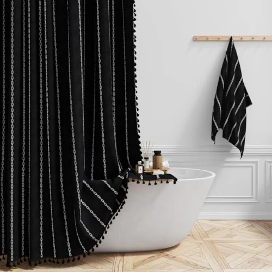 

Extra Long Shower Curtain, 72x84 Inch Long Boho Tassel Linen Fabric Shower Curtain Set with Plastic Hooks, Large Modern Farmhou