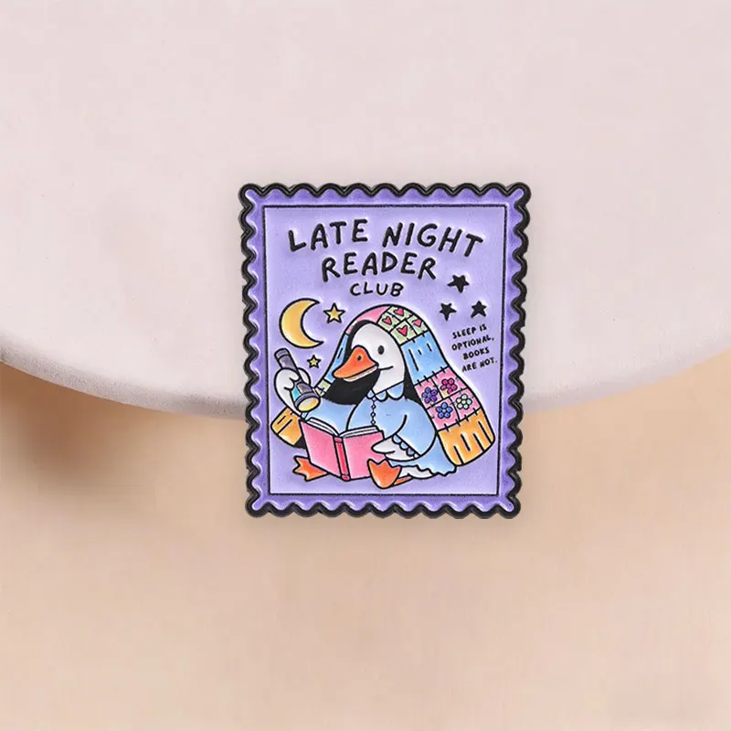 Late Night Reader Club Enamel Pin Cute Duck Reading Brooch with Flashlight Under Moon for Book Lovers and Readers Daily Wear