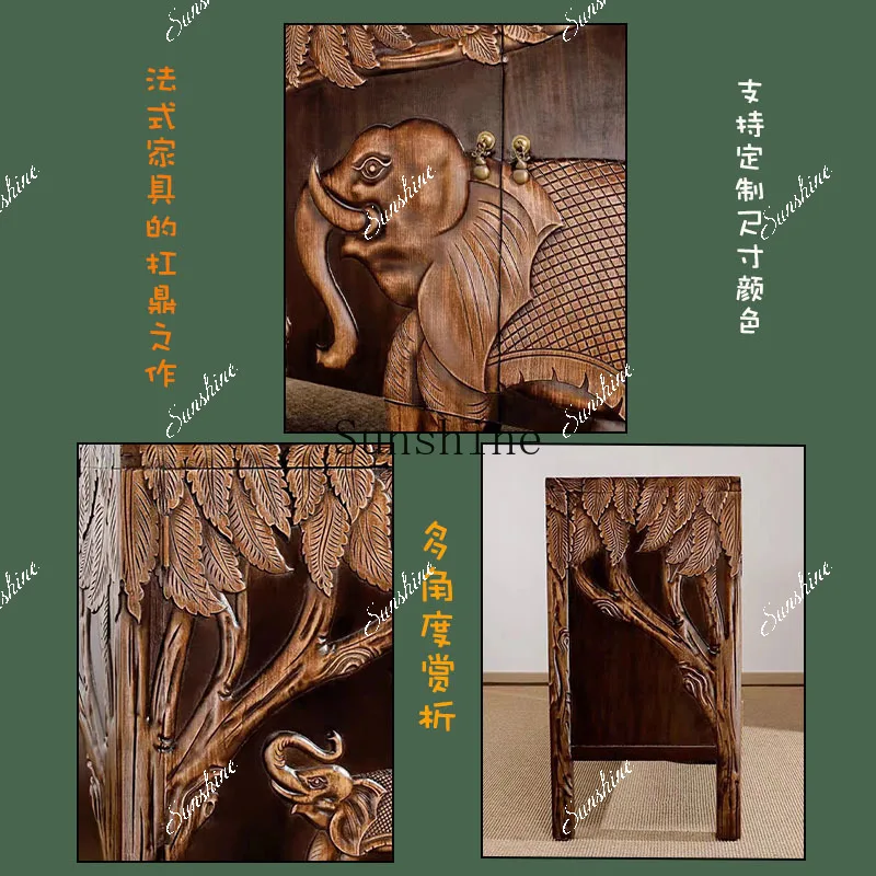 Entrance cabinet solid wood French retro living room elephant ultra-thin carving high-end design Nanyang