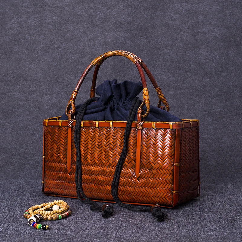 

Luxury Women's Handbags Hand Woven Bamboo Bag Summer Beach Straw Bags Large Capacity Tote Tea Ceremony Organizers Storage Pouch