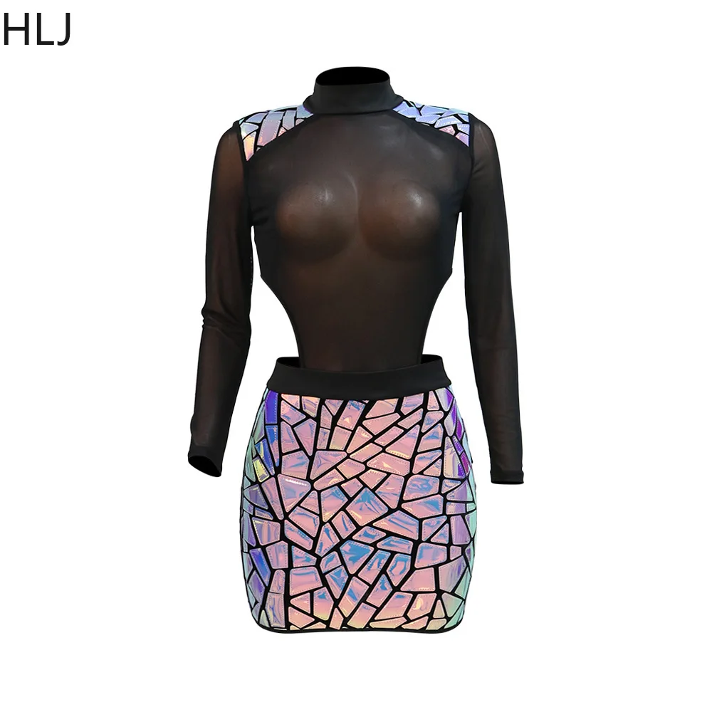 HLJ Mesh Beaded Party Birthday Dress for Women Night Club See Through Long Sleeve Hollow Sexy Bodycon Mini Dress Black