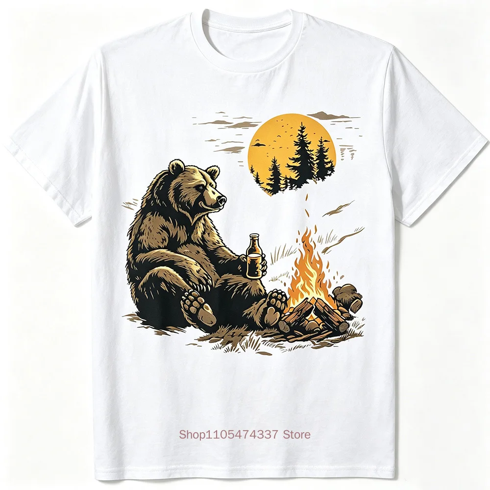 Men Cotton Bear Drinking Beer Campfire Graphic T-Shirt - Black Short Sleeve Casual Outdoor Camping Shirt with Funny Bear Design