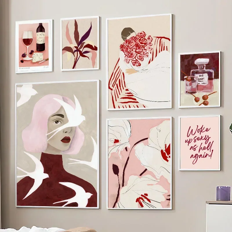 Cuadro de Lienzo Nórdico con Diseño de Pichón, Rosas, Perfume, Flores y Vino Tinto, Pintura al Óleo sobre Lienzo para Decoración de Sala de Estar