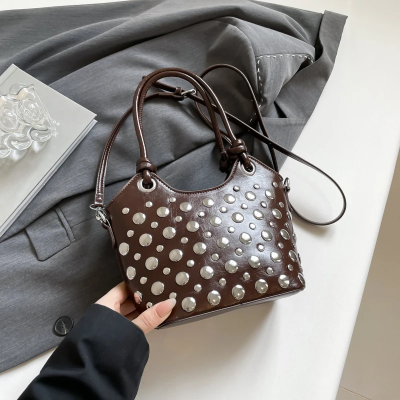

Rivets Design PU Leather Bucket Bags for Women 2025 New Trend Female Shoulder Crossbody Bag Handbags and Purses