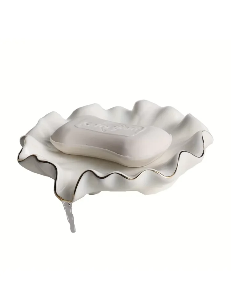 1pc Elegant White Ceramic Soap Dish with Golden Rim,Shell-Inspired Design, Round for Lotus Leaf Shape Holder