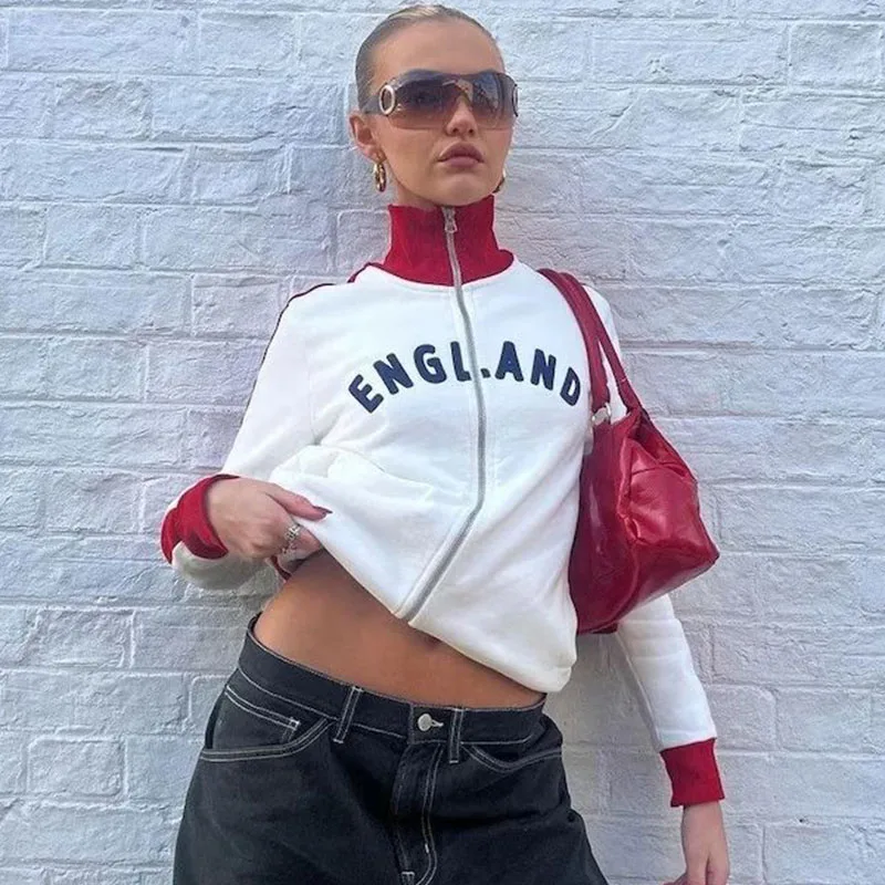 

Y2k Zipper England High Collar Tracksuit Long Sleeve Crop Top Harajuku Chic Trendy Simple All-match Thin Sweatshirt Streetwear