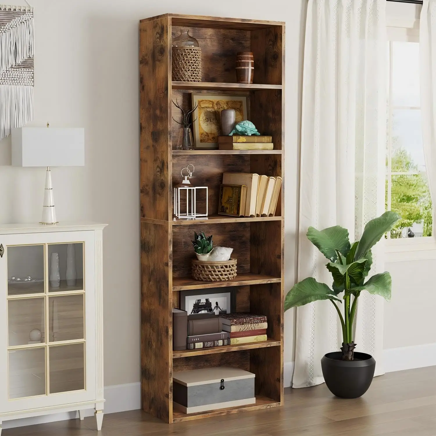 

6 Tier Bookshelf And Bookcase, Wooden Bookshelves With Cabinet Doors, Floor Bookshelves And Office Storage Cabinets For Home