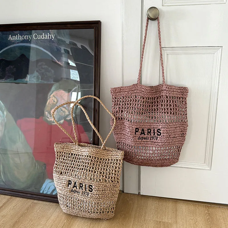 

Hylhexyr Women's Letter Embroidered Shoulder Bag Straw Woven Handbag Large Capacity Hollow Holiday Beach Bags