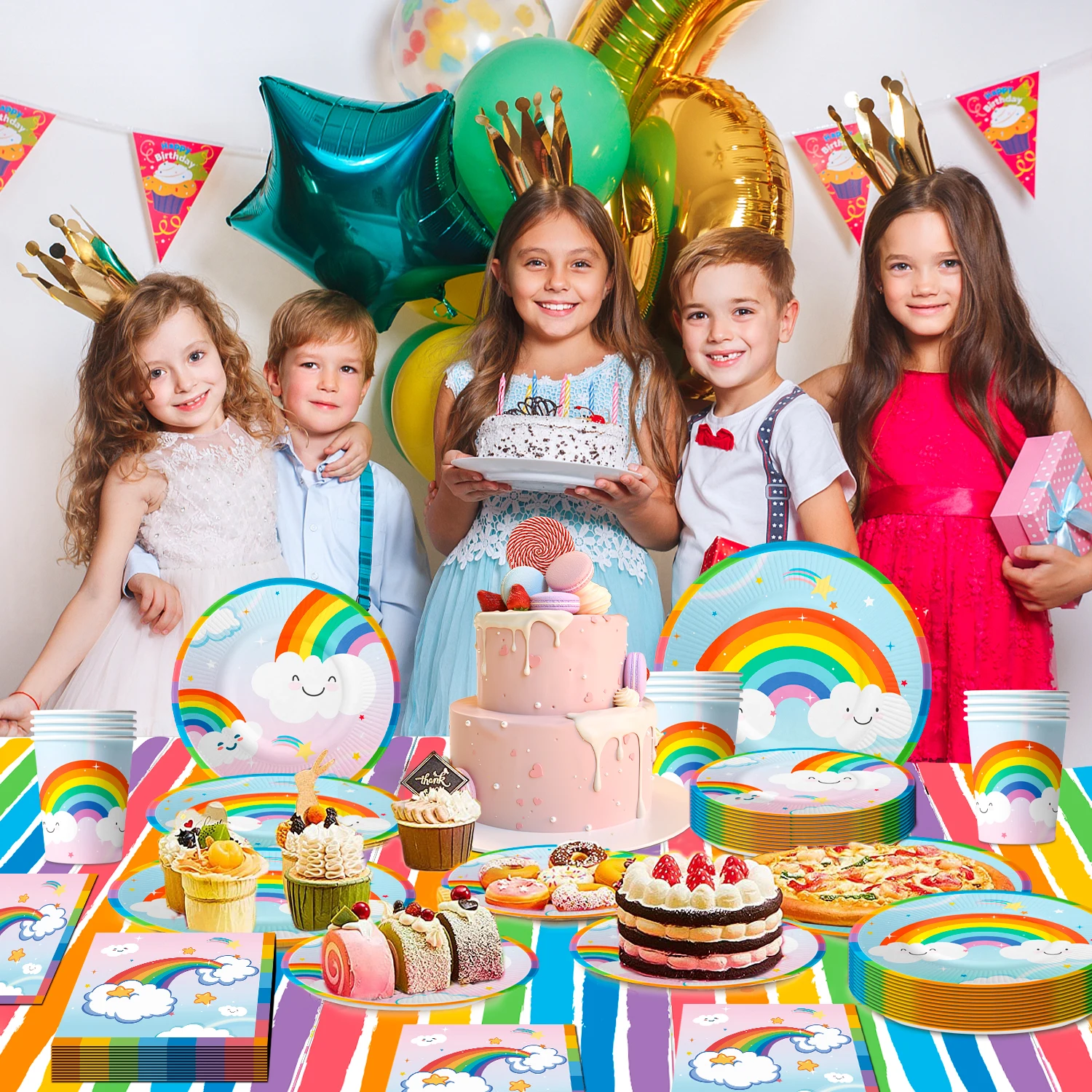 لوازم حفلات قوس قزح، 81 قطعة من أطباق ومناديل قوس قزح، مستلزمات الحفلات - أطباق المناديل، مفرش المائدة، إلخ زينة حفلات قوس قزح #2