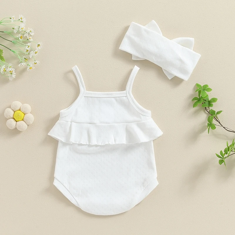 Newborn Baby Girl Clothes Knit Ruffles Spaghetti Strap Romper Jumpsuit Bodysuit Overalls  Summer Outfit