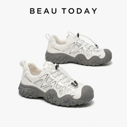 BEAUTODAY Sneakers Women Split Leather Mesh Mixed Colors Lace-Up Basket Trainers Ladies Casual Shoes Handmade 29A27