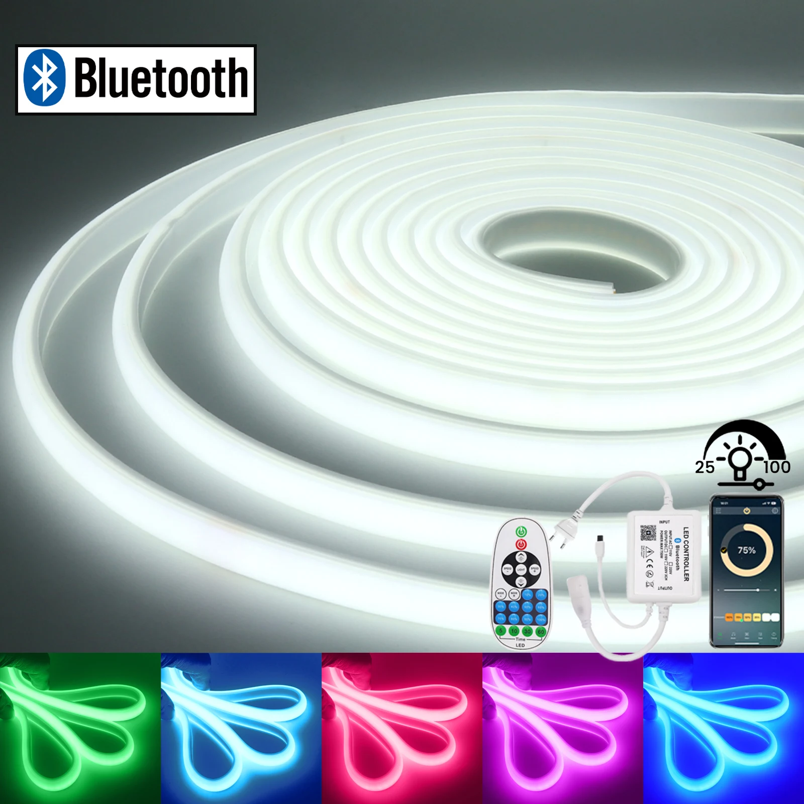 

Светодиодная лента COB с регулируемой яркостью Bluetooth, 220 В, высокая яркость, 288 светодиодов/м, 1–25 м, водонепроницаемая домашняя лампа с приложением/дистанционным управлением, неоновые огни