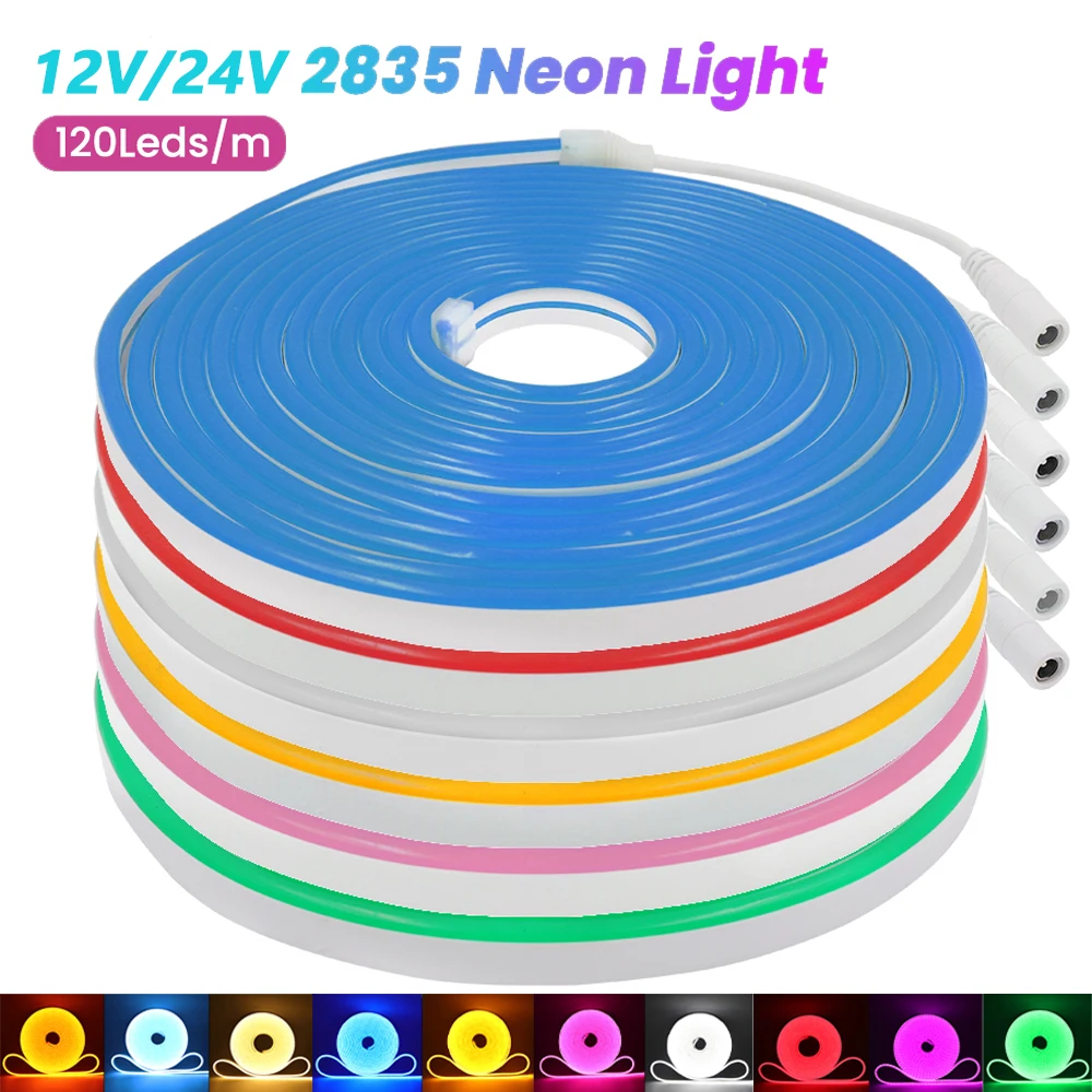 12V 24V LED Neon Strip Light Waterproof 120LEDs/M DC Plug Red Green Blue Pink Yellow Warm White Silicone Rope Flexible 0.5M 5M