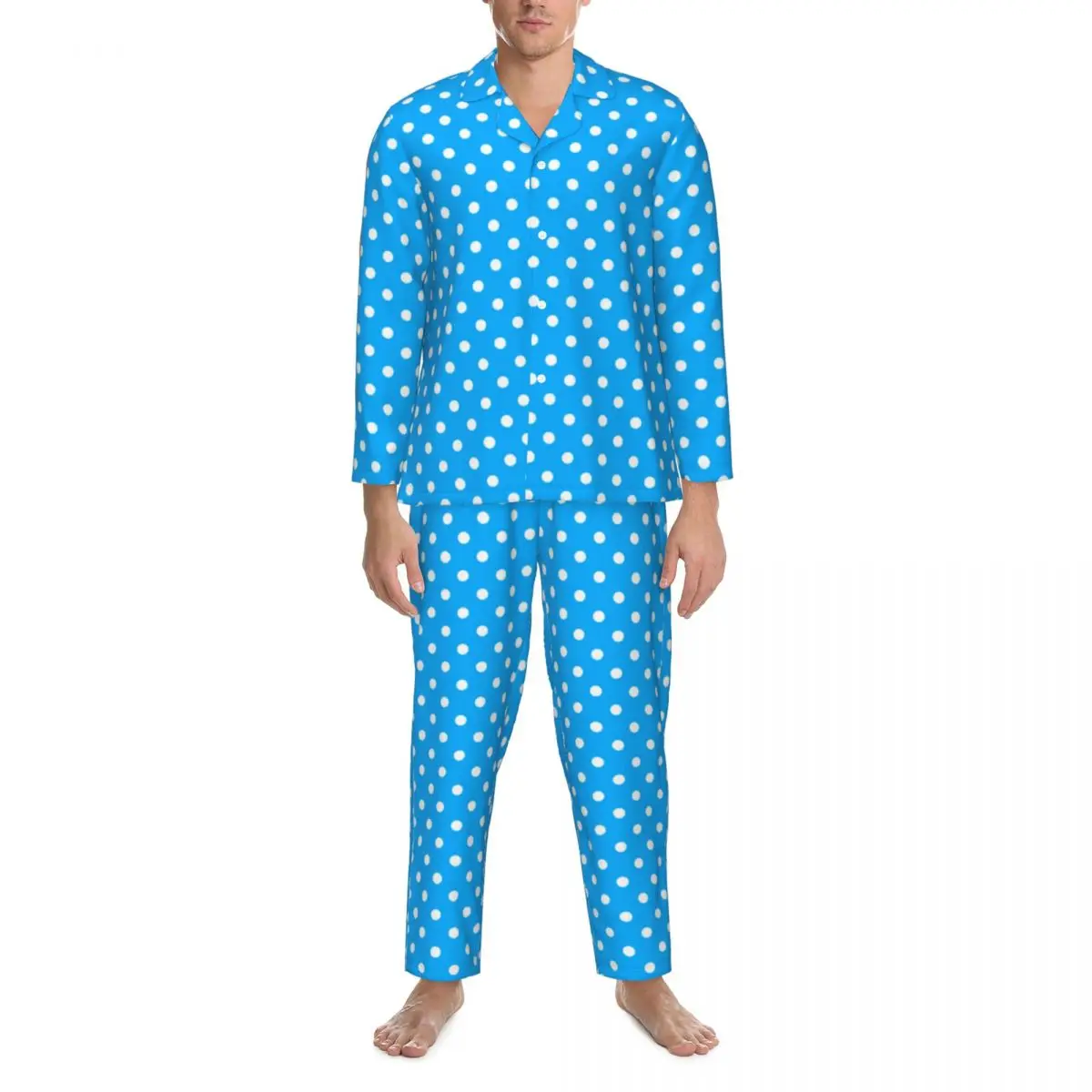 

Blue And White Polka Dot Pajama Set Autumn Spots Print Cute Soft Leisure Sleepwear Man 2 Piece Vintage Oversize Custom Nightwear